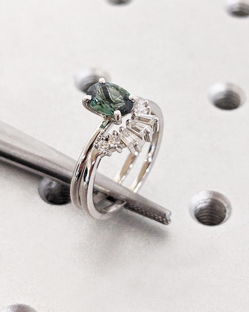 Unique Blue Green Natural Sapphire Engagement Ring Set | Oval Sapphire and Diamond Wedding Anniversary Ring | Diamond Cluster Stacking Ring