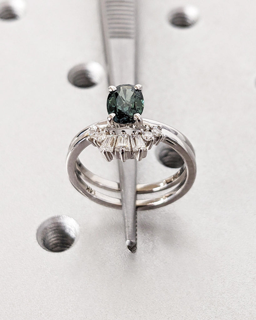 Unique Blue Green Natural Sapphire Engagement Ring Set | Oval Sapphire and Diamond Wedding Anniversary Ring | Diamond Cluster Stacking Ring