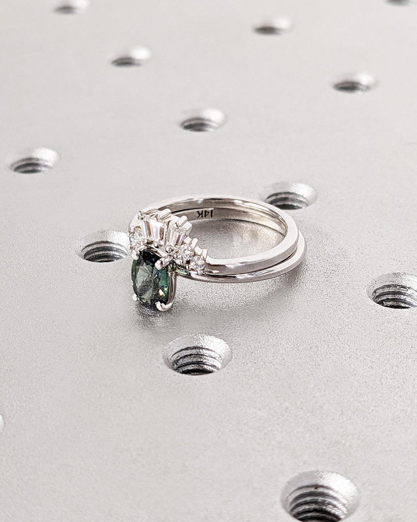 Unique Blue Green Natural Sapphire Engagement Ring Set | Oval Sapphire and Diamond Wedding Anniversary Ring | Diamond Cluster Stacking Ring