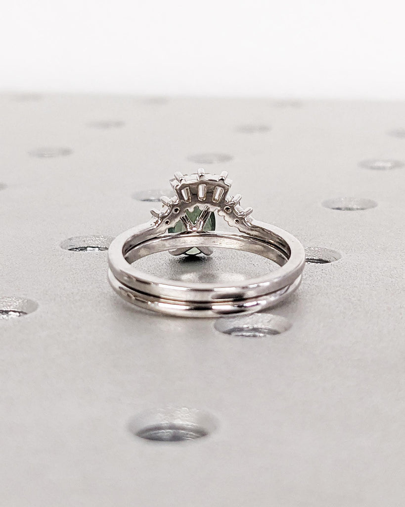 Unique Blue Green Natural Sapphire Engagement Ring Set | Oval Sapphire and Diamond Wedding Anniversary Ring | Diamond Cluster Stacking Ring