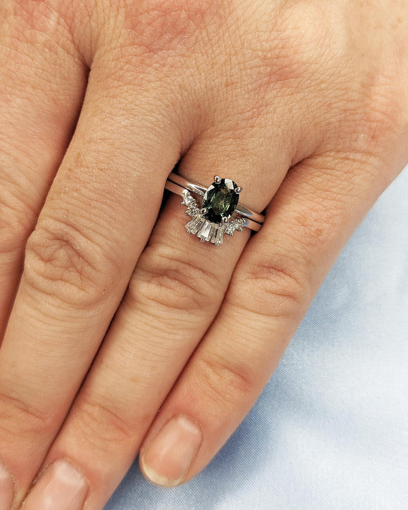 Unique Blue Green Natural Sapphire Engagement Ring Set | Oval Sapphire and Diamond Wedding Anniversary Ring | Diamond Cluster Stacking Ring