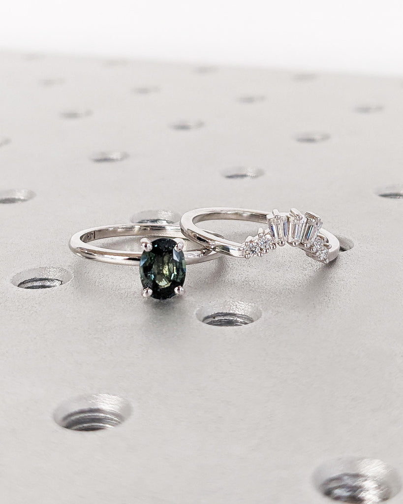 Curved Diamond Wedding Band Stacking Ring | Woman Bridal Ring Set | 14k Gold Sapphire Ring