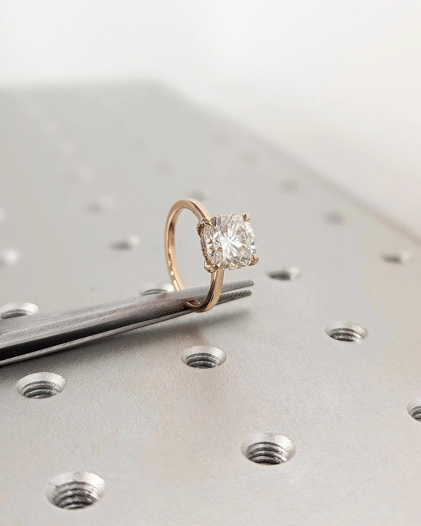 Lab Grown Diamond Ring | 18k Rose Gold Solitaire Ring | Cushion Cut Anniversary Ring | Hidden Halo Engagement Ring | Birthday Gift for Her