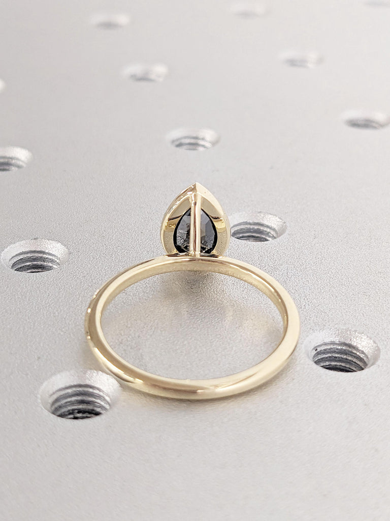 Pear cut Natural Salt and Pepper Black Diamond Simple Promise Ring for Her | Vintage Wedding Ring | 14k 18k Gold Ring | Woman Bridal Ring