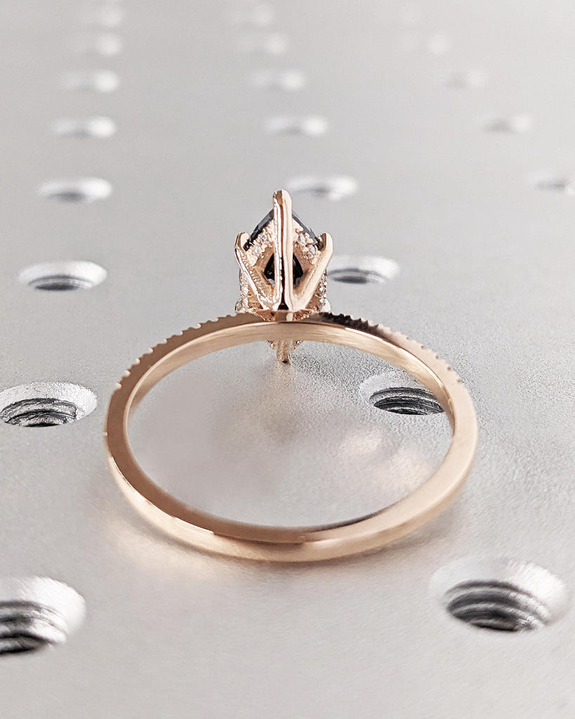 Marquise Salt and Pepper Diamond Solitaire Engagement Ring | 14K Rose Gold Diamond Hidden Halo Promise Ring | Custom Wedding Ring | Vintage