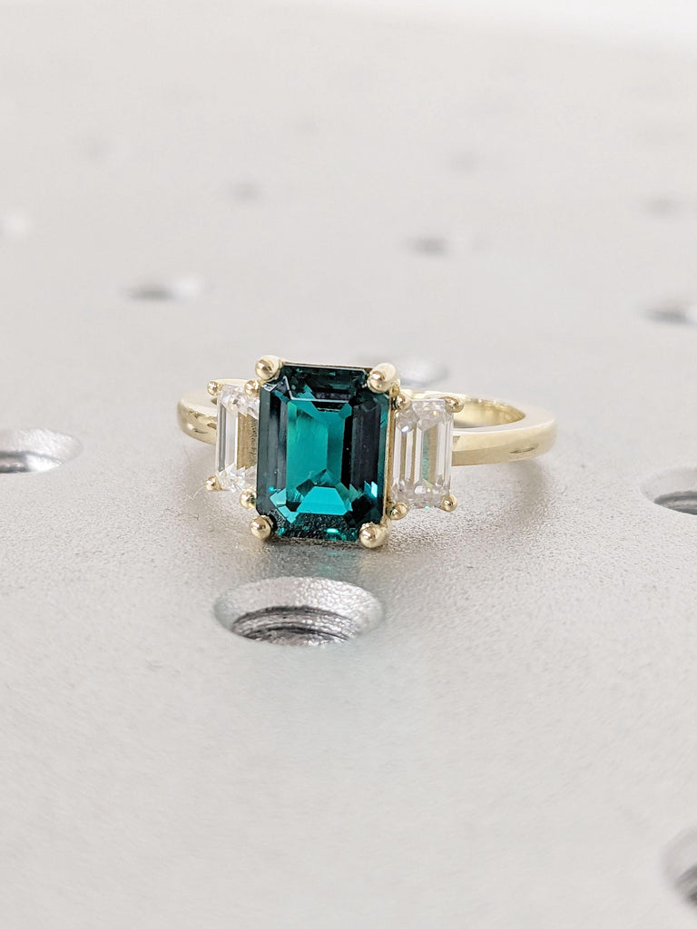 14k 18k Yellow Gold Engagement Ring | Emerald and Moissanite Wedding Ring