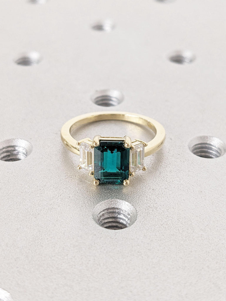 Unique Green Emerald and Lab Grown Diamond Engagement Ring | Solid Gold Rings for Women | Bridal Ring Gift for Her | Past Present Future