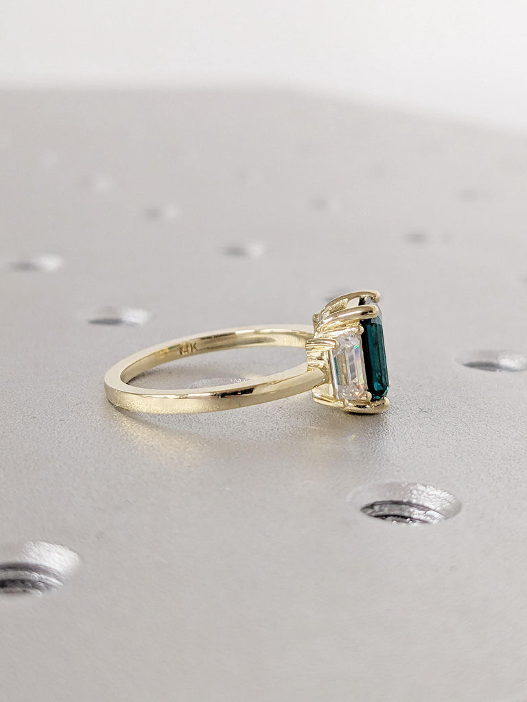 Unique Green Emerald and Lab Grown Diamond Engagement Ring | Solid Gold Rings for Women | Bridal Ring Gift for Her | Past Present Future