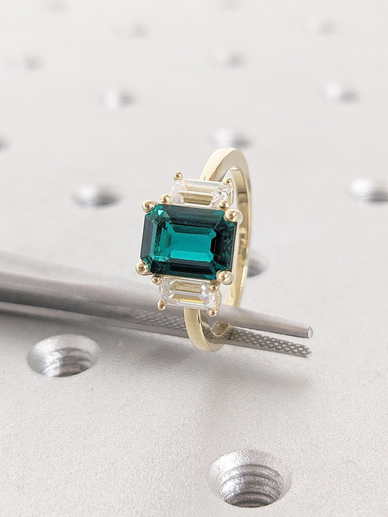 14k Lab Emerald Engagement Rings for Women in Yellow Gold | Three Stone Ring | Emerald cut Promise Anniversary Ring | Green Gemstone Ring