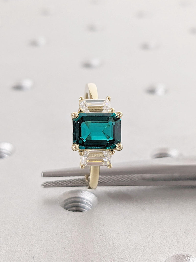 Three Stone Engagement Ring | Emerald cut Lab Emerald Promise Ring | May Birthstone | Birthday Gift for Her, Mom, Sister