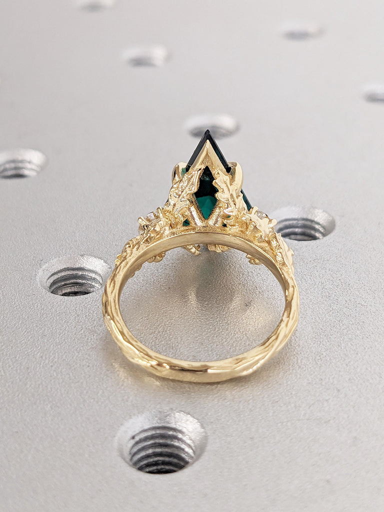 Vintage 18k Yellow Gold Proposal Ring, Kite Cut Lab Grown Emerald Ring, Art Deco Emerald Ring, Unique Anniversary Rings, Dainty Wedding Ring