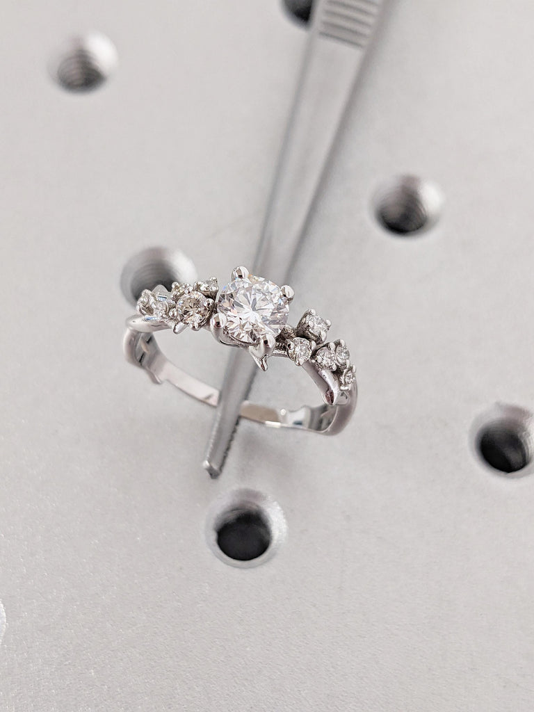 Round Moissanite Engagement Ring, 14k White Gold Twig Ring, Snowdrift Diamond Cluster Ring, Nature Inspired Ring Wedding Anniversary Gift