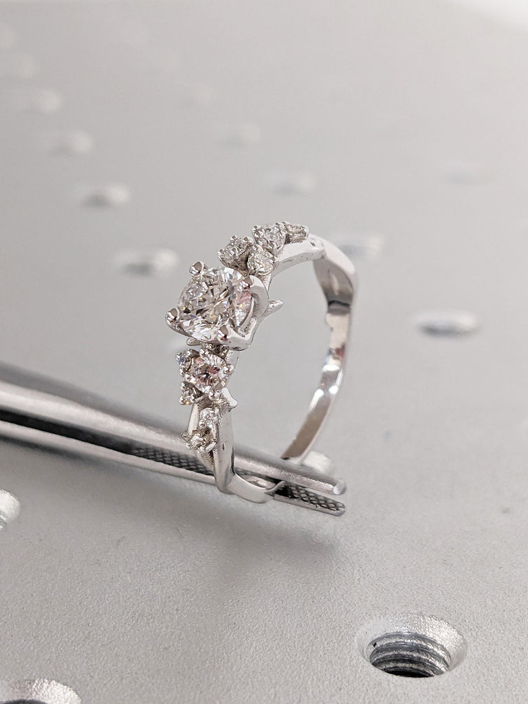 Lab Grown Diamond Engagement Ring, Art Deco 14k White Gold Promise Ring, Snowdrift Cluster Ring, Nature Inspired Twig Ring, Gift for Her