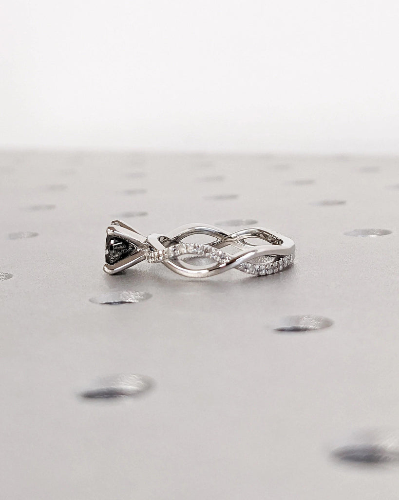 Round cut Salt and Pepper Black Diamond Engagement Ring | Platinum Engagement Ring for Her | Twisted Ring | Diamond Cluster Eternity Band