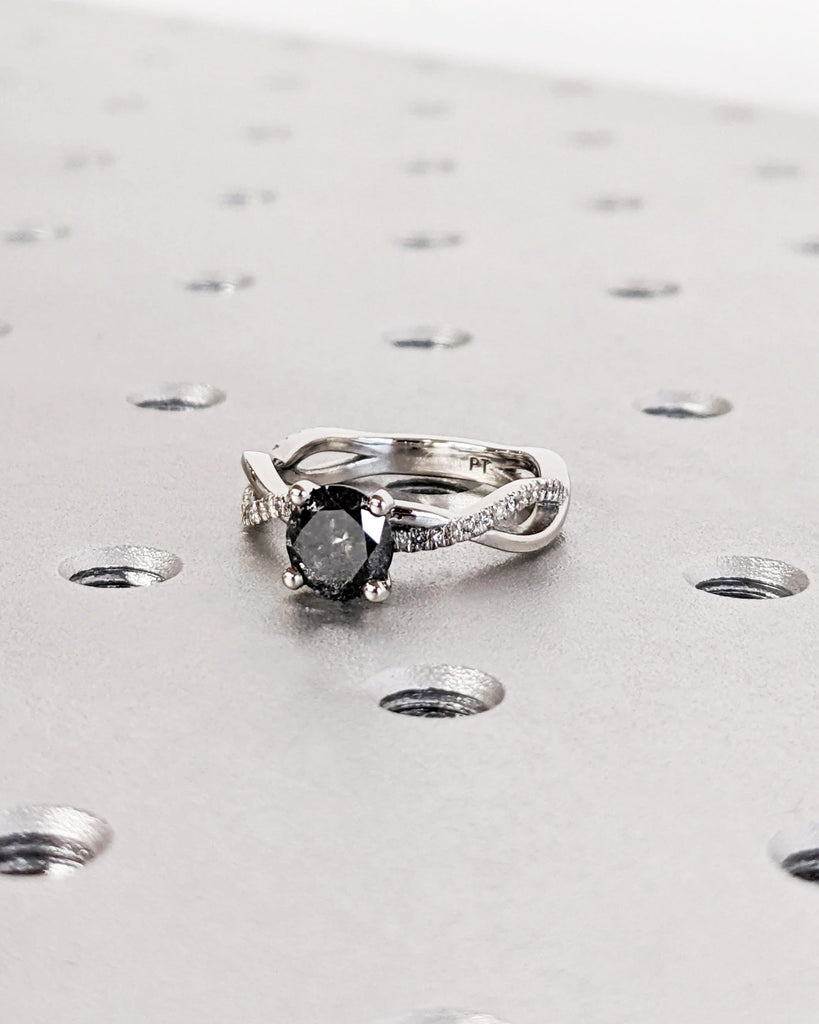 Unique Double Band Diamond Ring | 1ct, 2ct Natural Black Diamond Engagement Ring | Diamond Platinum Ring | Wedding Anniversary Gift for Wife