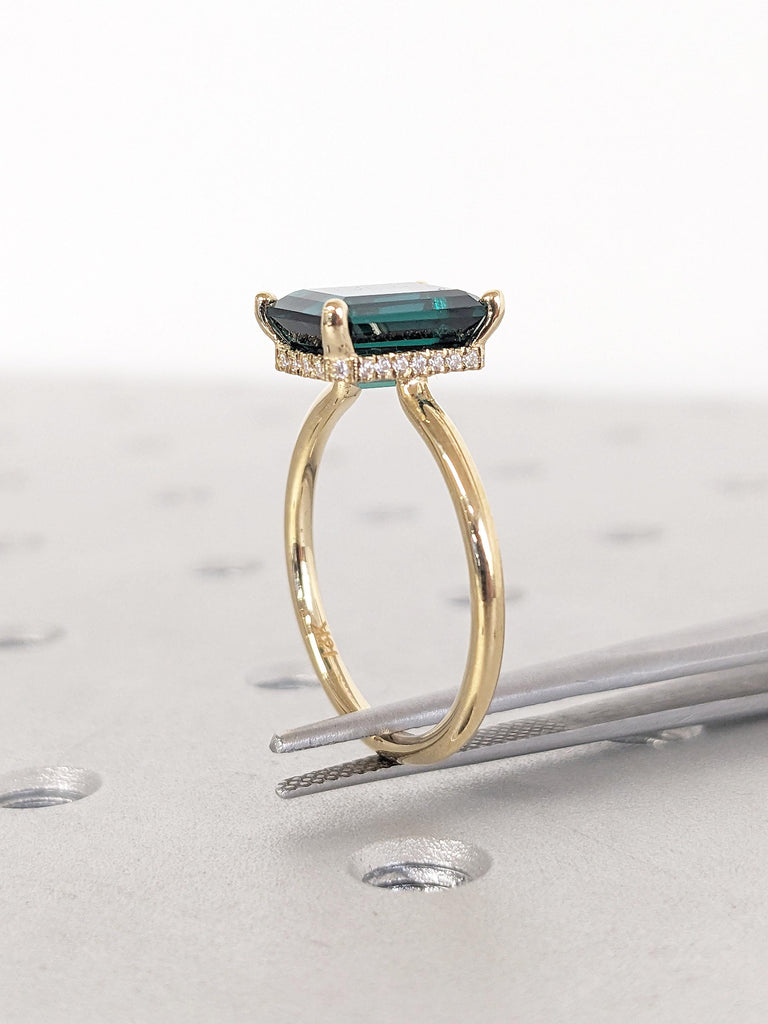 18k Yellow Gold Hidden Halo Wedding Ring, Lab Grown Emerald Engagement Ring, Emerald Cut Promise Ring, Unique Solitaire Ring, Birthday Gift