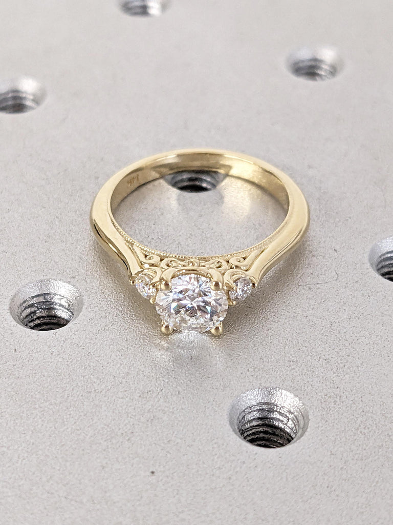 Round Lab Grown Diamond Engagement Ring, 14k Yellow Gold Diamond Ring, Unique Gift for Women, Filigree Two Tone Ring, Milgrain Proposal Ring