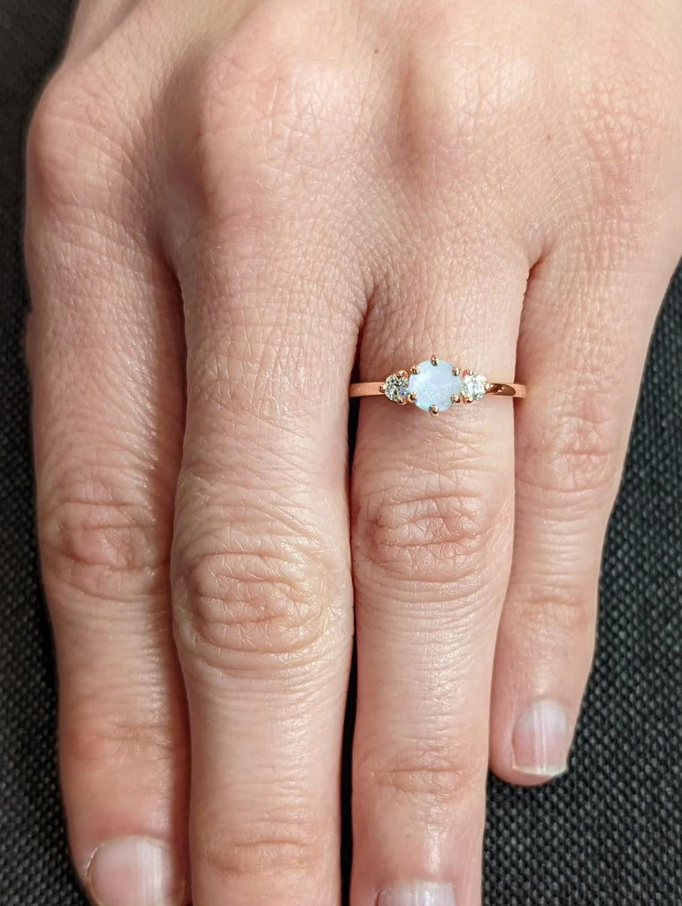 1ct White Opal Engagement Ring for Women | Round cut Opal Ring | 14k Gold Rings for Women | 3 Stone Trilogy Ring