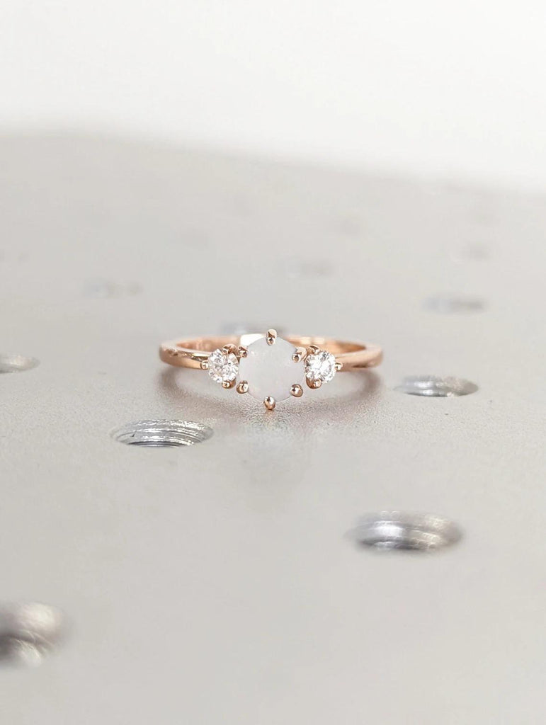 Natural Opal and Diamonds Engagement Ring | 14k Rose Gold Wedding Ring | Promise Ring for Her | Three Stone Ring | Round Engagement Ring