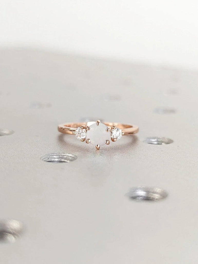 Natural Opal and Diamonds Engagement Ring | 14k Rose Gold Wedding Ring | Promise Ring for Her | Three Stone Ring | Round Engagement Ring