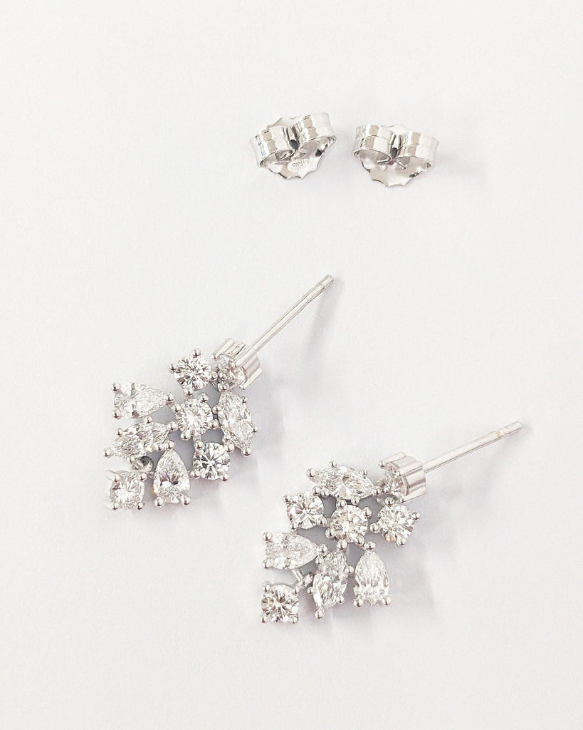 14K White Gold Wedding Earrings - Winter Wedding - Bridal Earrings - Moissanite Earrings - Leaves Drop Earrings - Floral Statement Earrings