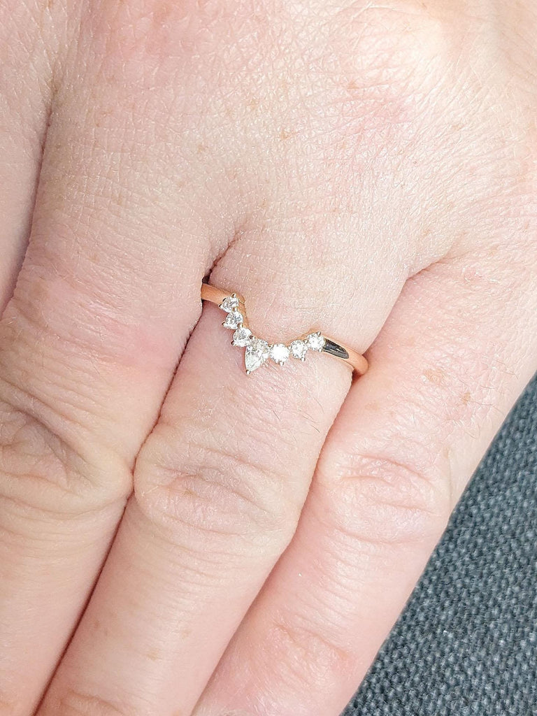 14K Curved Pear & Round Cluster Stacking Ring, Half Halo Matching Band, Dainty Wedding Band, Diamond/Moissanite Cluster, Solid Gold Fan Ring