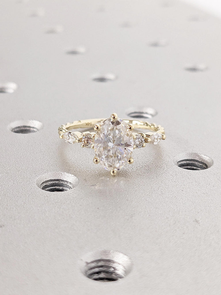 Art Deco Oval Moissanite Ring, 14K Yellow Gold Twisted Ring, Dainty Promise Ring, Marquise and Round Diamond Engagement Ring, Gift for Wife