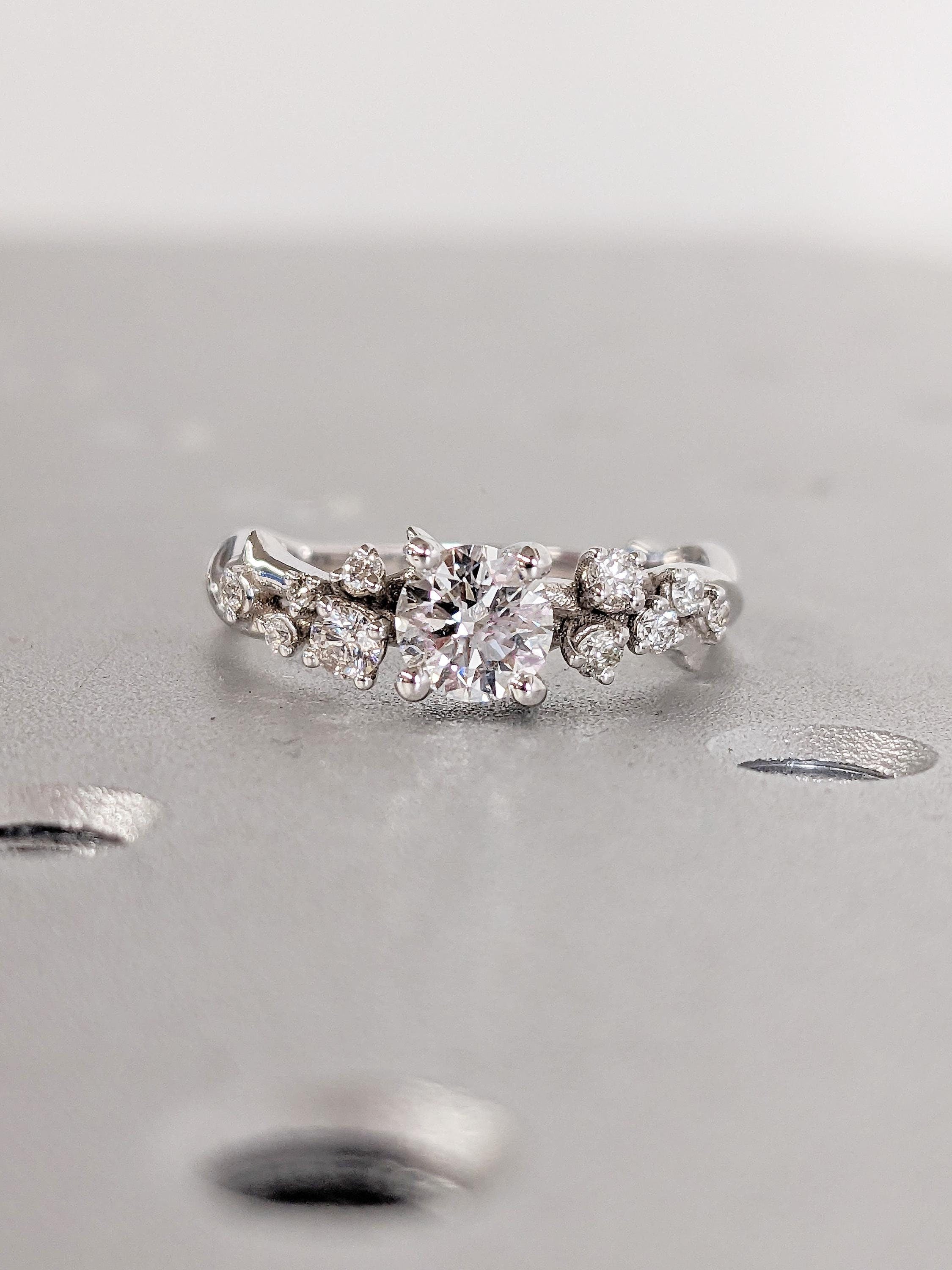 14k White Gold Twig Ring, Round Moissanite Promise Rings for Women