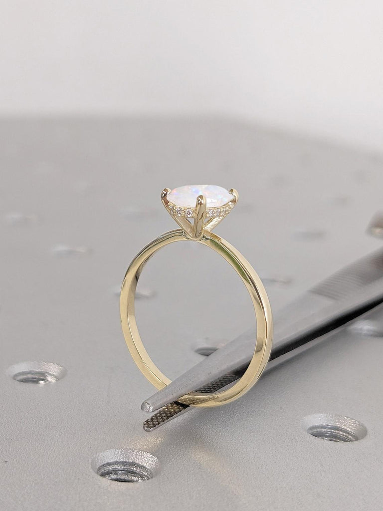 Oval Cut Diamond Hidden Halo Engagement Ring | 1CT Natural Opal Ring | 14K Solid Gold Promise Ring | Oval Opal Solitaire Engagement Ring for Women