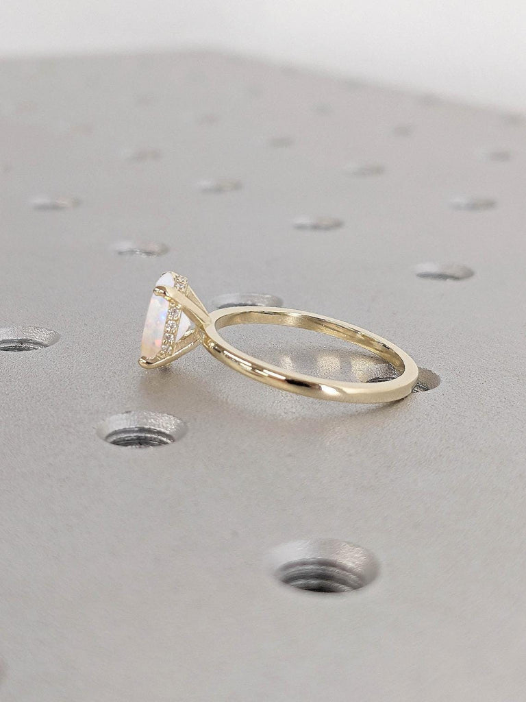 Hidden Halo Ring | 1ct Oval Cut White Opal Engagement Ring | Anniversary Promise Ring | Solid Gold Ring | Handcrafted Ring
