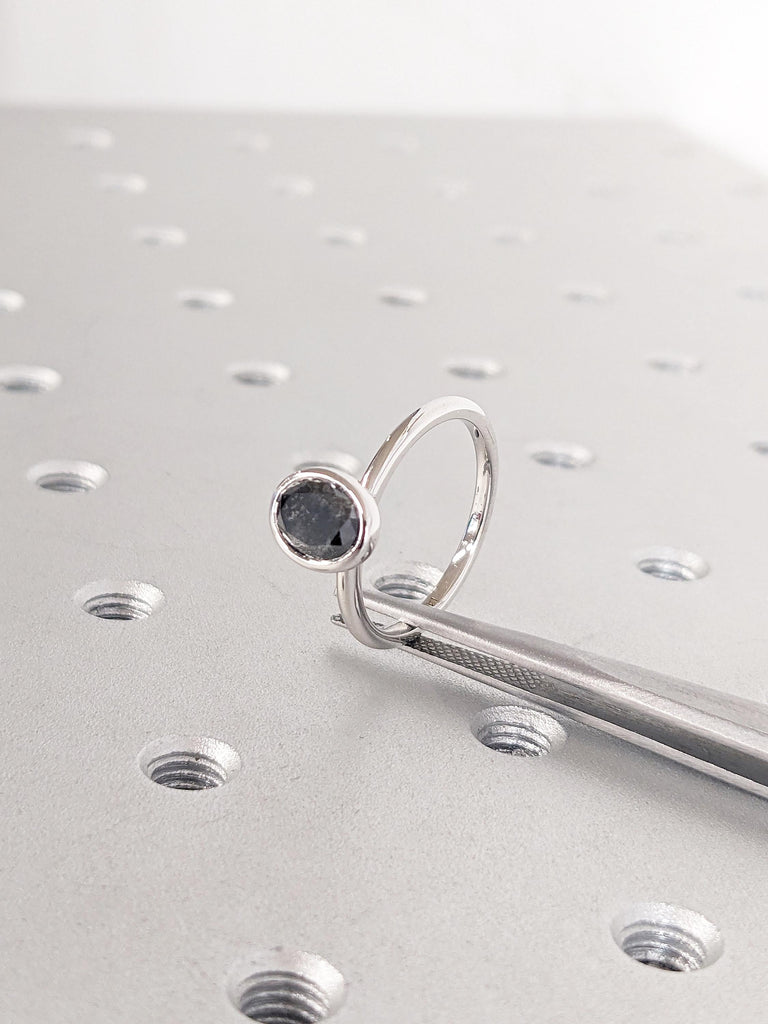 Oval Cut Salt and Pepper Diamond Ring | 14k White Gold Solitaire Engagement Ring | Unique Diamond Bezel Set Ring | Anniversary Gift for Mom