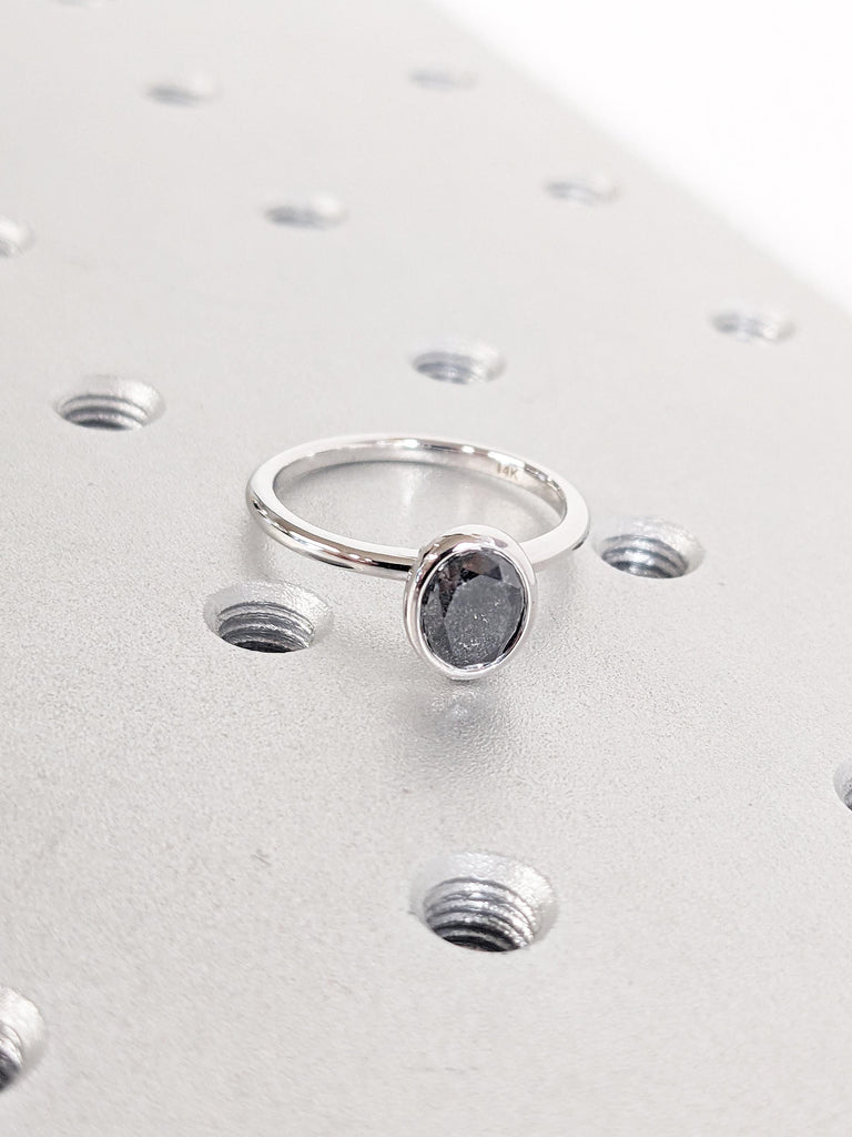 Oval Cut Salt and Pepper Diamond Ring | 14k White Gold Solitaire Engagement Ring | Unique Diamond Bezel Set Ring | Anniversary Gift for Mom