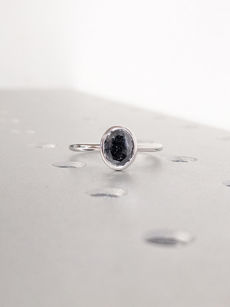Oval Cut Salt and Pepper Diamond Ring | 14k White Gold Solitaire Engagement Ring | Unique Diamond Bezel Set Ring | Anniversary Gift for Mom