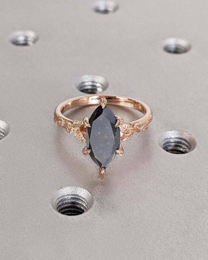 Marquise Cut Nature Engagement Ring, Salt and Pepper Diamond Marquise Ring, Dainty Leaf Ring, Floral Nature Ring, 14K Rose Gold Promise Ring