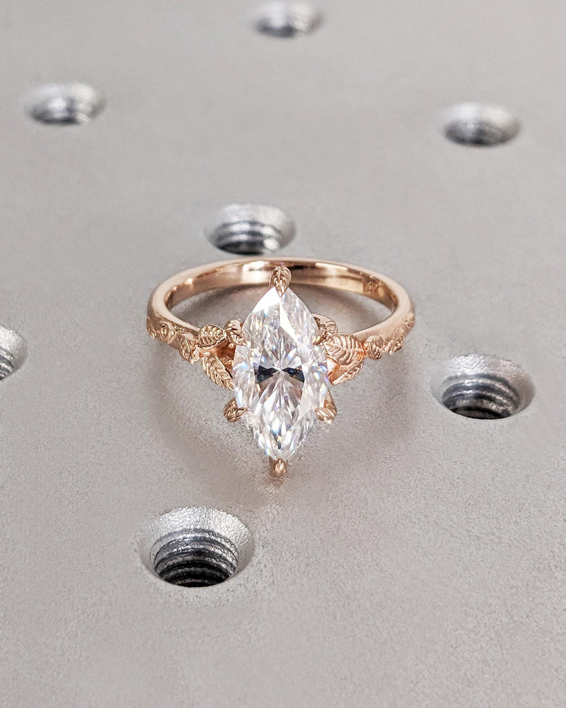Marquise Cut Nature Engagement Ring, Marquise Moissanite Ring, Solitaire Marquise Engagement Ring, Dainty Leaf Ring, Rose Gold Promise Ring