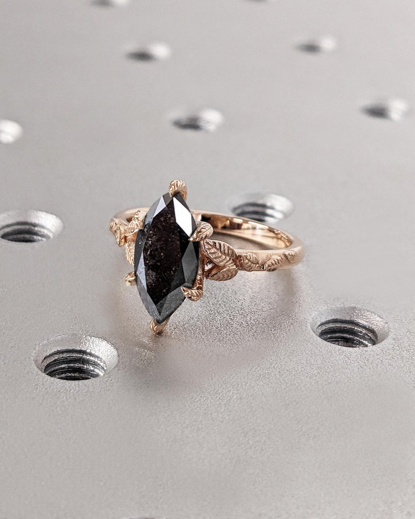 Marquise Cut Nature Engagement Ring, Salt and Pepper Diamond Marquise Ring, Dainty Leaf Ring, Floral Nature Ring, 14K Rose Gold Promise Ring