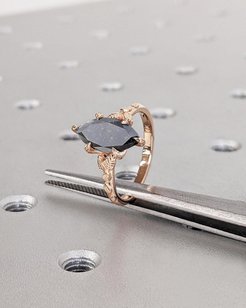 Marquise Cut Nature Engagement Ring, Salt and Pepper Diamond Marquise Ring, Dainty Leaf Ring, Floral Nature Ring, 14K Rose Gold Promise Ring