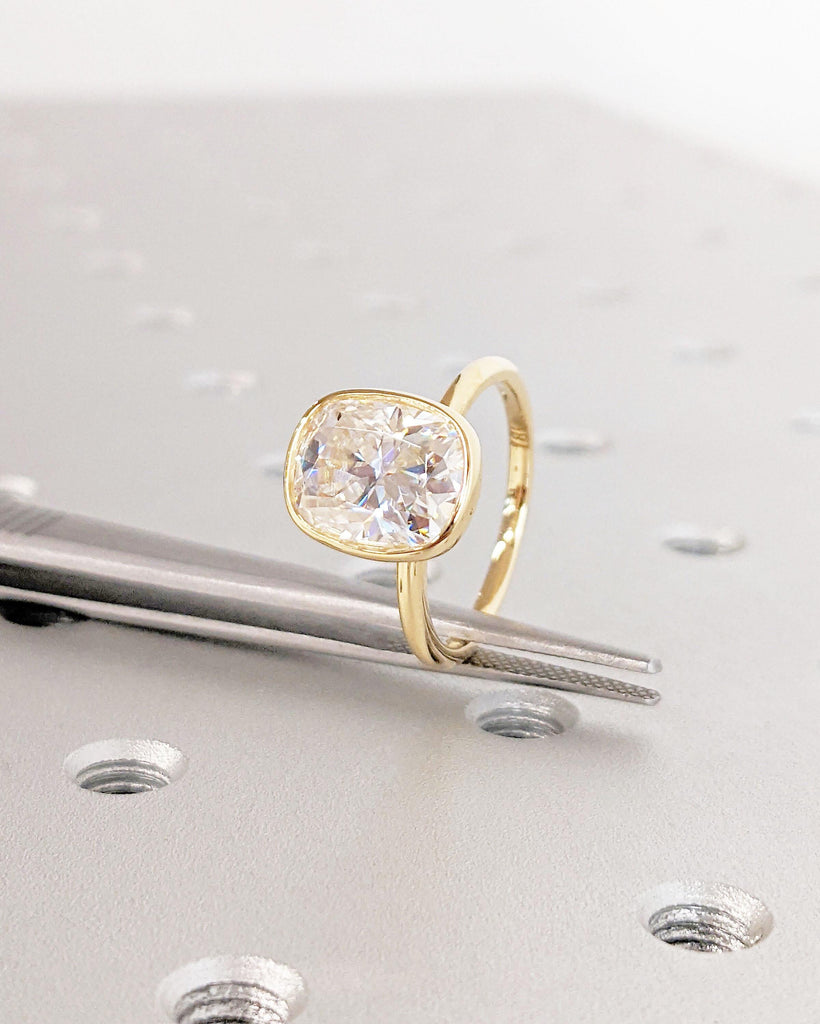3ct Best Lab Created Diamond Solitaire Ring | Bezel set Engagement Ring for Women | 18k Yellow Gold Promise Ring | Elongated Cushion cut