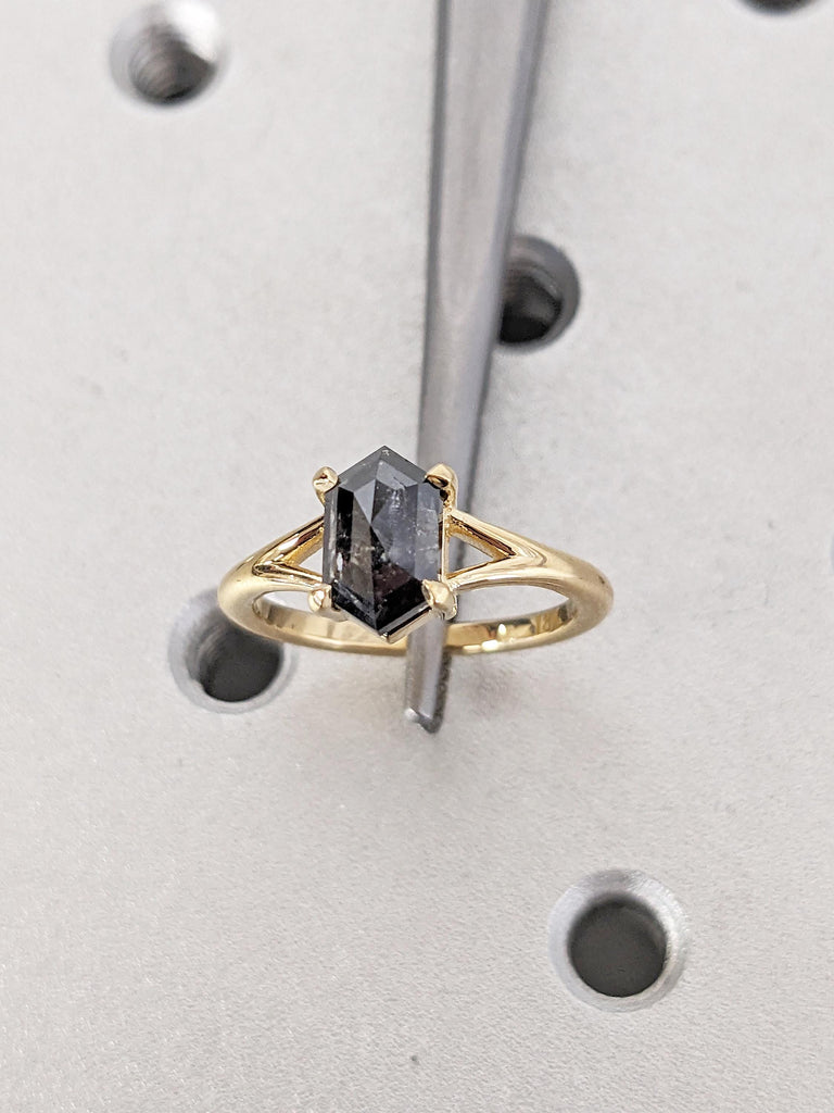 18k Yellow Gold Statement Ring, Salt and Pepper Diamond Engagement Ring, Solitaire Proposal Ring, Art Deco Diamond Ring, Gift for Girlfriend
