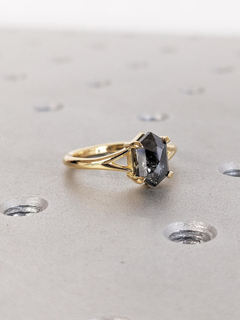 18k Yellow Gold Statement Ring, Salt and Pepper Diamond Engagement Ring, Solitaire Proposal Ring, Art Deco Diamond Ring, Gift for Girlfriend