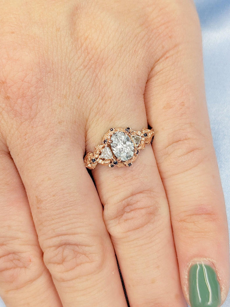 Oval cut Certified Lab Diamond Rustic Engagement Ring | 14k Rose Gold Diamond and Sapphire Ring | Art Deco Bridal Ring | Leaf and Twigs Ring image #4