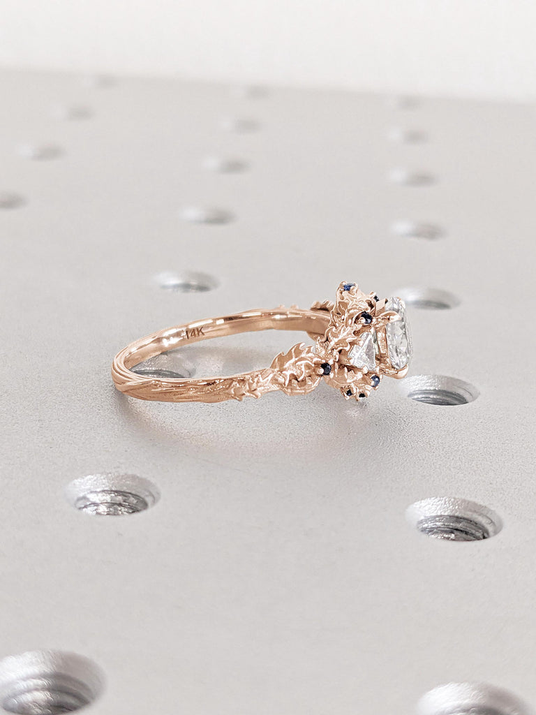 Oval cut Certified Lab Diamond Rustic Engagement Ring | 14k Rose Gold Diamond and Sapphire Ring | Art Deco Bridal Ring | Leaf and Twigs Ring image #6