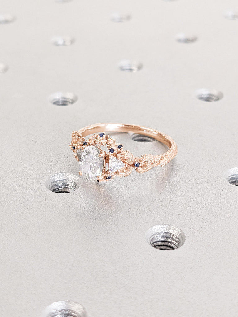 Oval cut Certified Lab Diamond Rustic Engagement Ring | 14k Rose Gold Diamond and Sapphire Ring | Art Deco Bridal Ring | Leaf and Twigs Ring image #5