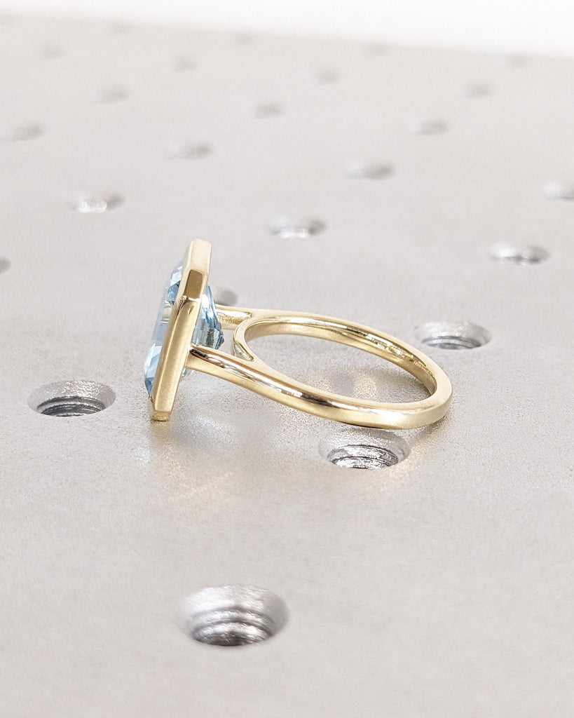 Radiant Cut Blue Aquamarine Solitaire Ring, 14K Yellow Gold Engagement Ring, Bezel Setting, Statement Ring, Gift For Her, Minimalist, Unique