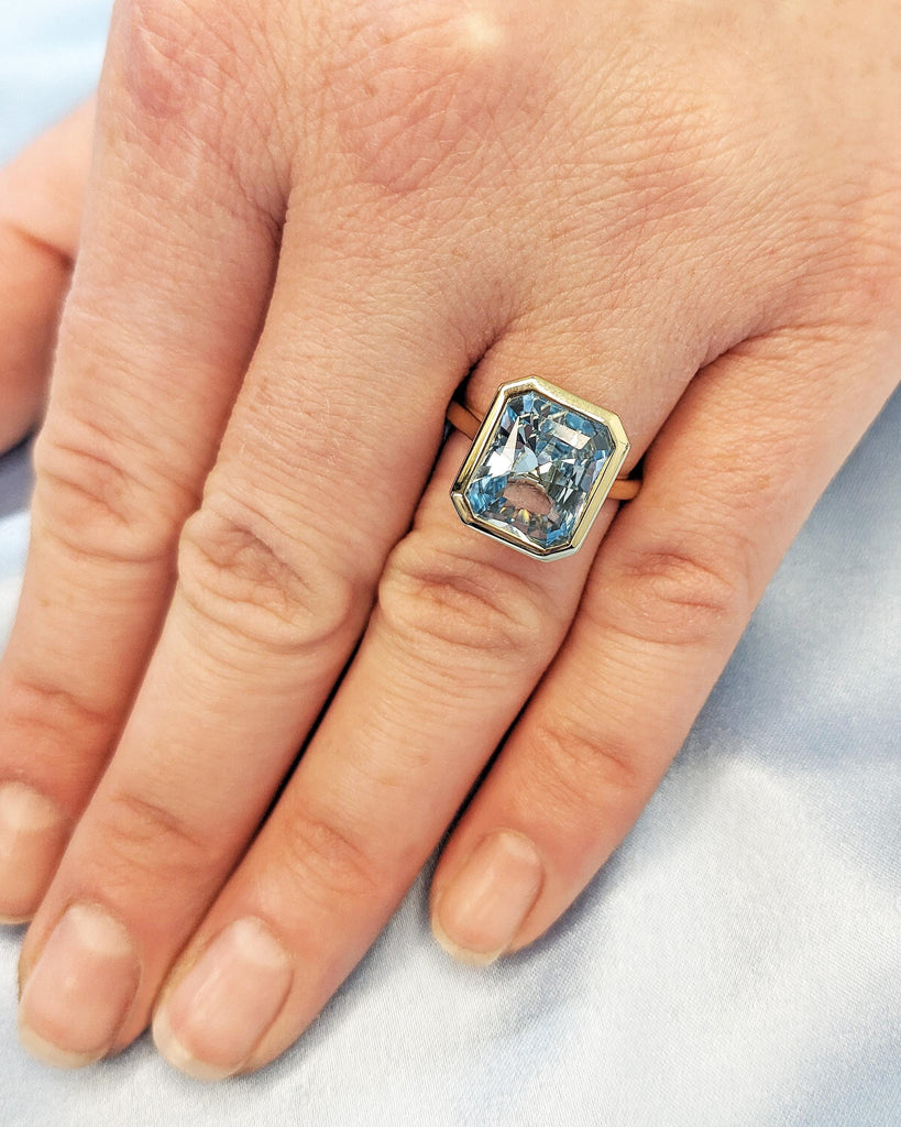 Radiant Cut Blue Aquamarine Solitaire Ring, 14K Yellow Gold Engagement Ring, Bezel Setting, Statement Ring, Gift For Her, Minimalist, Unique