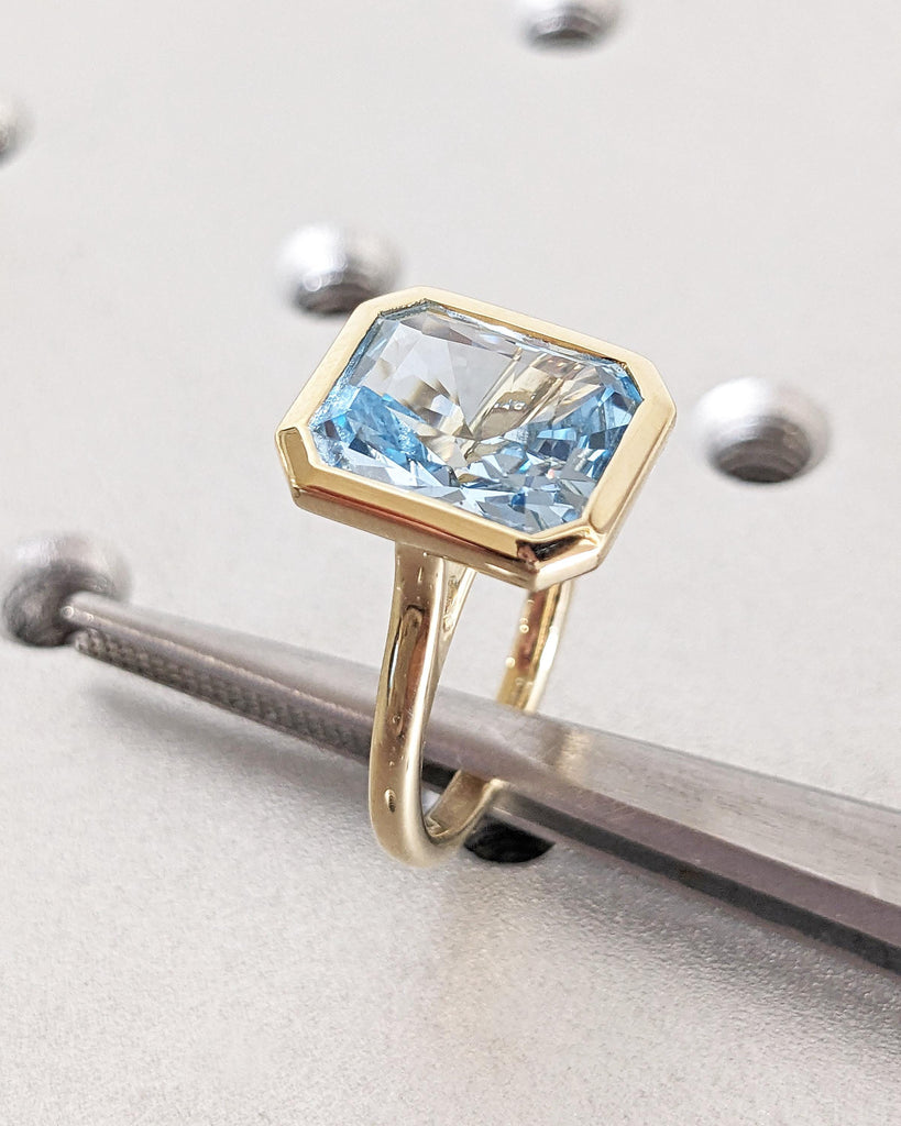 Radiant Cut Blue Aquamarine Solitaire Ring, 14K Yellow Gold Engagement Ring, Bezel Setting, Statement Ring, Gift For Her, Minimalist, Unique