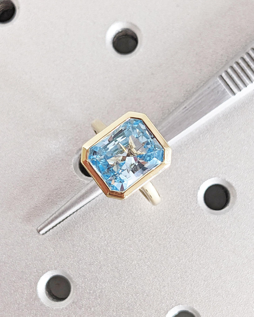Radiant Cut Blue Aquamarine Solitaire Ring, 14K Yellow Gold Engagement Ring, Bezel Setting, Statement Ring, Gift For Her, Minimalist, Unique