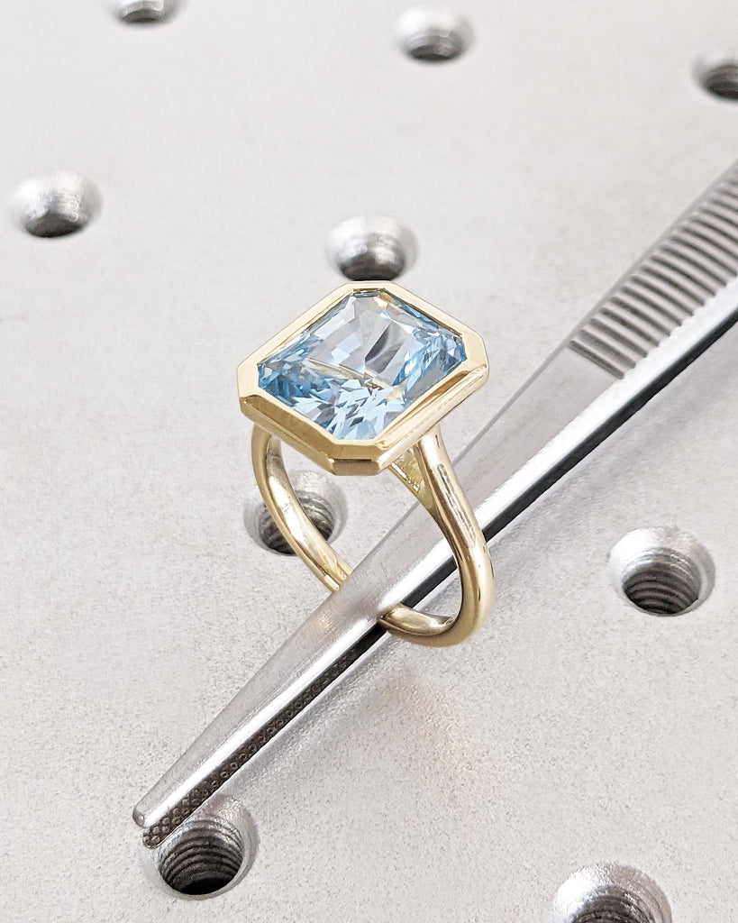 Radiant Cut Blue Aquamarine Solitaire Ring, 14K Yellow Gold Engagement Ring, Bezel Setting, Statement Ring, Gift For Her, Minimalist, Unique