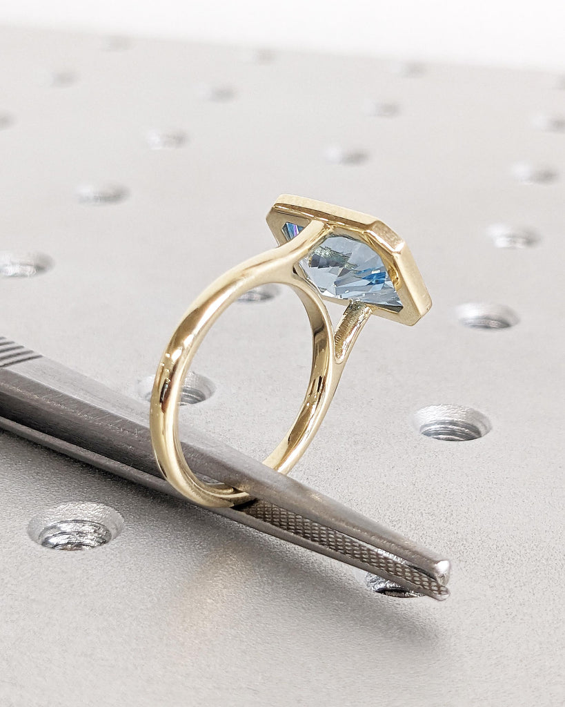Radiant Cut Blue Aquamarine Solitaire Ring, 14K Yellow Gold Engagement Ring, Bezel Setting, Statement Ring, Gift For Her, Minimalist, Unique