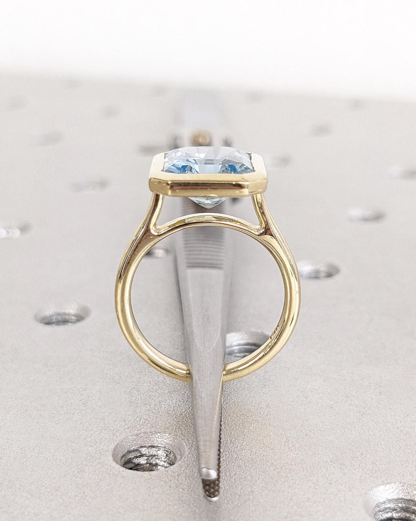 Radiant Cut Blue Aquamarine Solitaire Ring, 14K Yellow Gold Engagement Ring, Bezel Setting, Statement Ring, Gift For Her, Minimalist, Unique